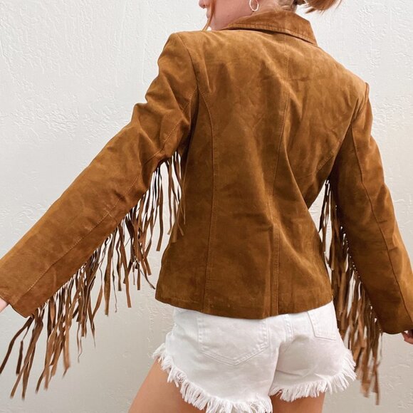 Vintage 100% Genuine Leather Brown Suede Fringe Zip Up Jacket - Picture 2 of 6